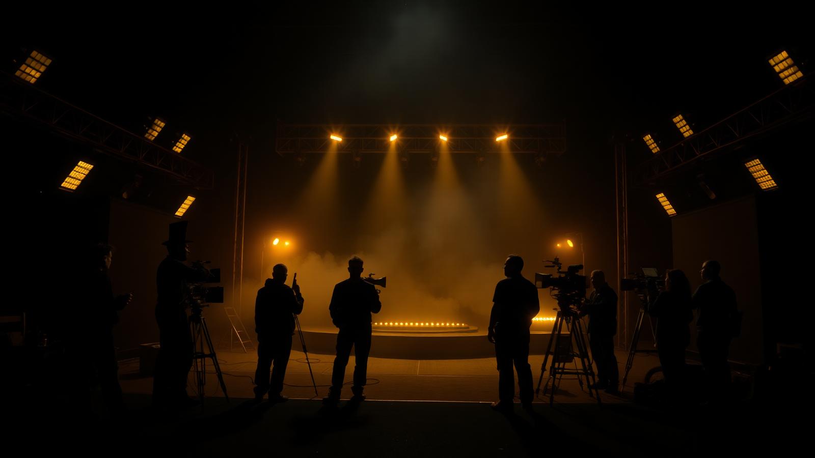 Film crew silhouettes on a lit stage